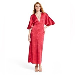 Fe Noel Palm Leaf Contrast-Print Exaggerated Flutter-Sleeve Maxi Dress, Size 6